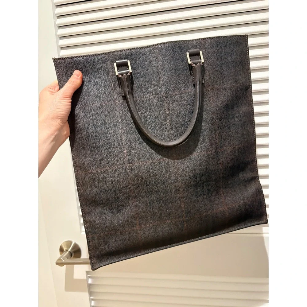 Burberry London Smoked Check Tote Bag Brown Leather Trim Made in Italy - Picture 6 of 14